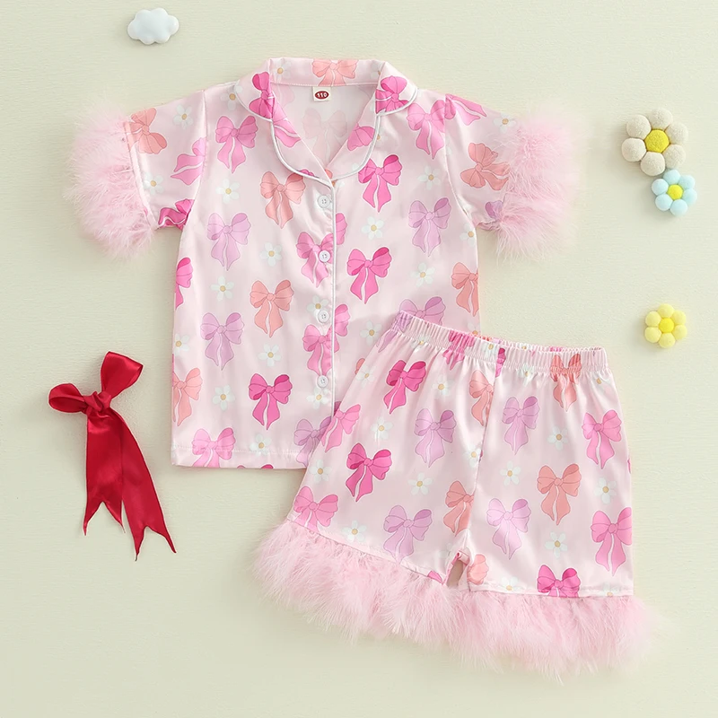 Bow Print Lapel Feather Short Sleeve Button Down Tops with Shorts Kid Girl Summer Pajamas Set Satin 2 Pieces Sleepwear
Bow Print Lapel Feather Short Sleeve Button Down Tops with Shorts Kid Girl Summer Pajamas Set Satin 2 Pieces Sleepwear