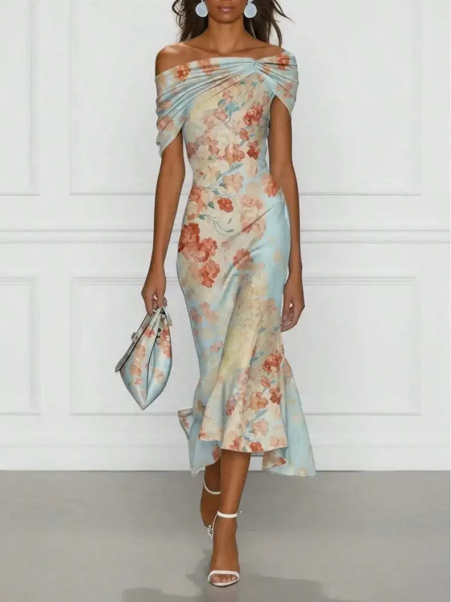 Women Floral Print Off The Shoulder Midi Dress, Twisted Knot Bodycon Satin Dress, Elegant Mermaid Hem Formal Cocktail Party Dress, Wedding Guest Evening Outfit
Women Floral Print Off The Shoulder Midi Dress, Twisted Knot Bodycon Satin Dress, Elegant Mermaid Hem Formal Cocktail Party Dress, Wedding Guest Evening Outfit
