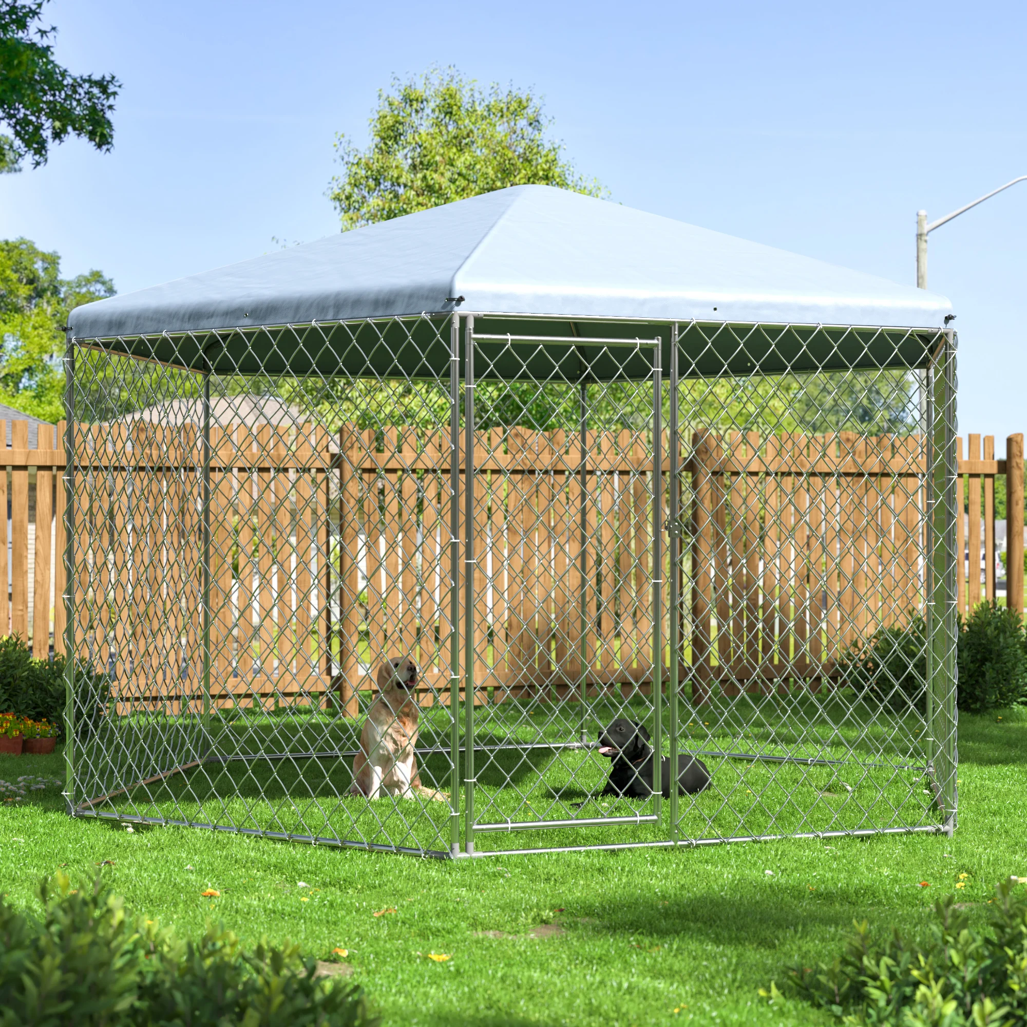 Large Dog Kennel Outside with Roof,Outdoor Dog Kennel with Metal Gate,Heavy Duty Dog Kennel with Lock for Outdoor Backyard.
Large Dog Kennel Outside with Roof,Outdoor Dog Kennel with Metal Gate,Heavy Duty Dog Kennel with Lock for Outdoor Backyard.