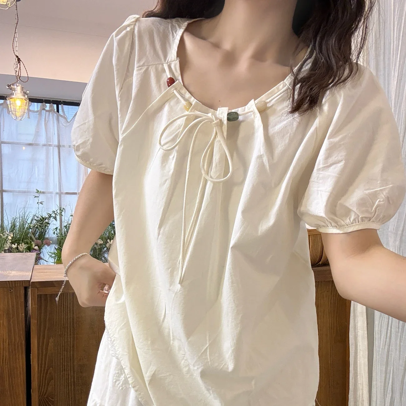 Cream Loose Puff Sleeve Blouse with Lace Up Neckline Prairie Chic Women Summer Casual Top
Cream Loose Puff Sleeve Blouse with Lace Up Neckline Prairie Chic Women Summer Casual Top