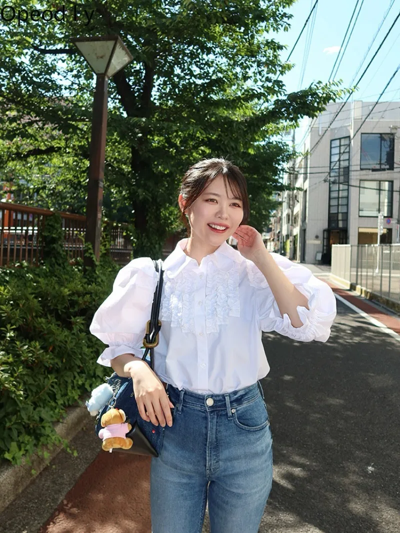 Japanese, sweet ruffle edge bow stand-up collar bubble sleeve shirt, fashionable versatile commuter women's short-sleeved top
Japanese, sweet ruffle edge bow stand-up collar bubble sleeve shirt, fashionable versatile commuter women's short-sleeved top