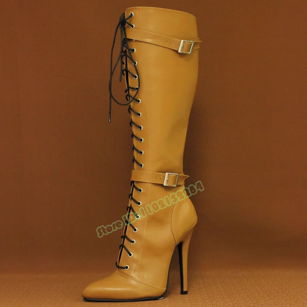 Retro Cross Tied Boots Pointed Toe Solid Lace Up Knee High Boots Super 14cm High Heels Buckles Zipper Women Big Size Boot Winter
Retro Cross Tied Boots Pointed Toe Solid Lace Up Knee High Boots Super 14cm High Heels Buckles Zipper Women Big Size Boot Winter