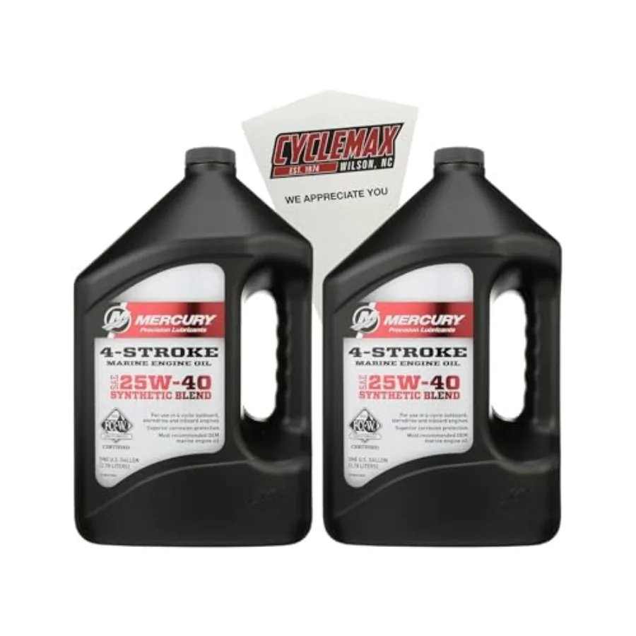 Две упаковки, совместимые с Mercury SAE 25W-40, синтетическая смесь, 4-тактное морское моторное масло, 1 галлон, для лодок и морских двигателей.
Две упаковки, совместимые с Mercury SAE 25W-40, синтетическая смесь, 4-тактное морское моторное масло, 1 галлон, для лодок и морских двигателей.