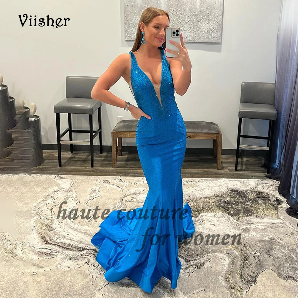 Blue Mermaid Prom Dresses Beaded Satin V Neck Bodycon Formal Occasion Dress with Train Long Evening Party Gown Backless
Blue Mermaid Prom Dresses Beaded Satin V Neck Bodycon Formal Occasion Dress with Train Long Evening Party Gown Backless
