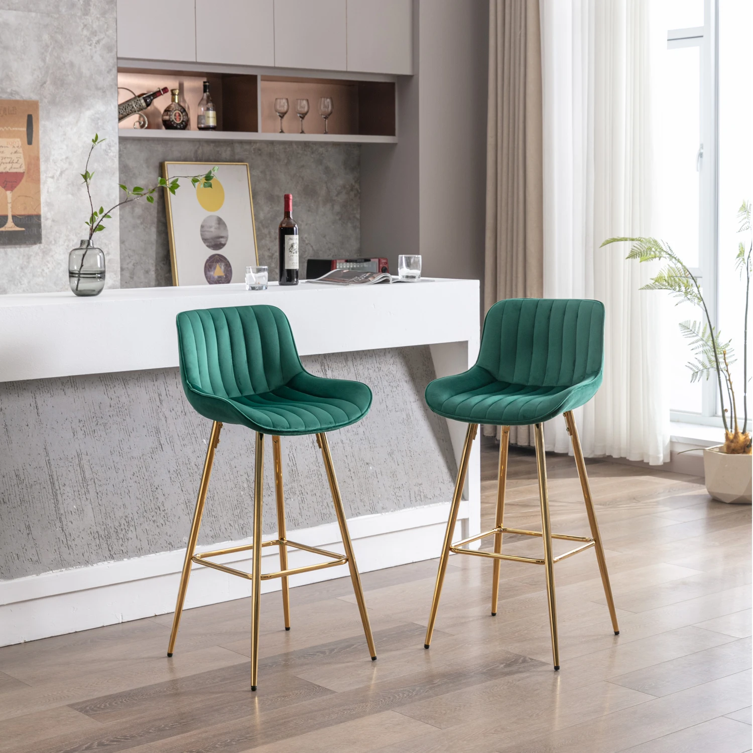 30 inch Set of 2 Bar Stools,with Chrome Footrest Velvet Fabric Counter Stool Golden Leg Simple High Bar Stool,GREEN
30 inch Set of 2 Bar Stools,with Chrome Footrest Velvet Fabric Counter Stool Golden Leg Simple High Bar Stool,GREEN