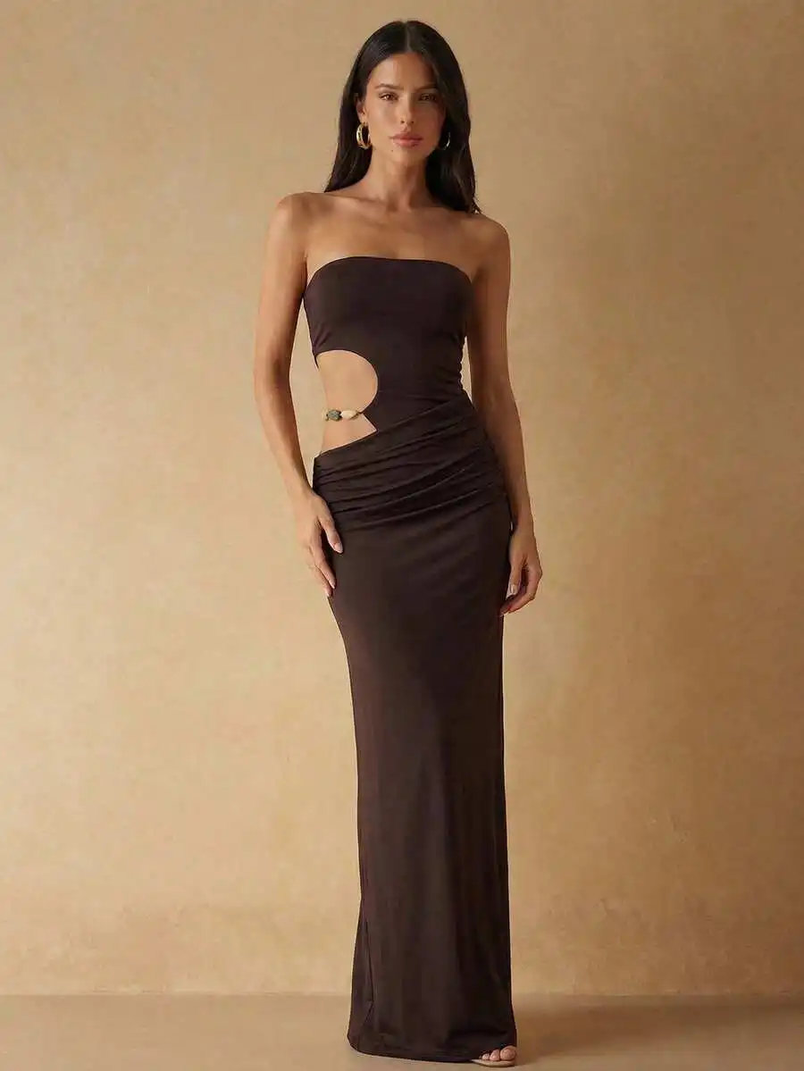 Brown Solid Hollow Out Beaded Strapless Maxi Dress For Women
Brown Solid Hollow Out Beaded Strapless Maxi Dress For Women