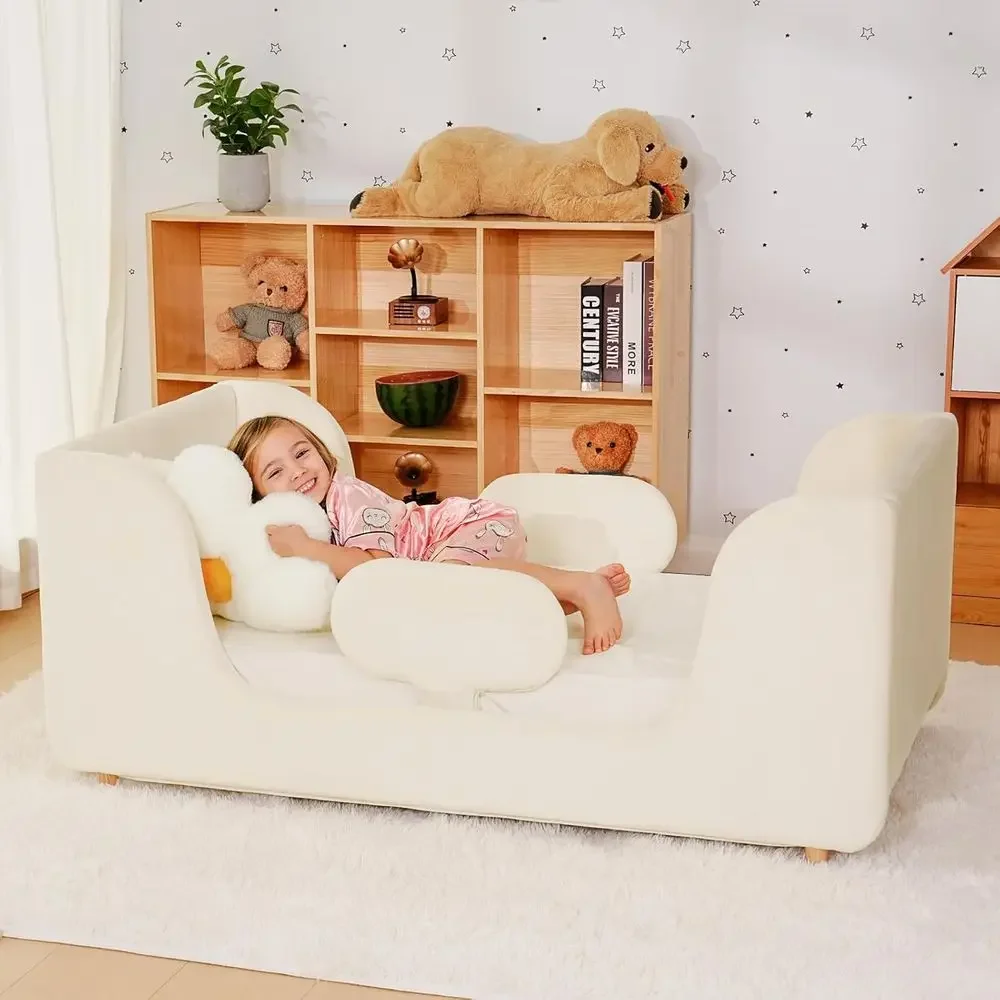 White Toddler Bed with Upholstery, Wood Slats, Removable Safety Rails for Boys and Girls
White Toddler Bed with Upholstery, Wood Slats, Removable Safety Rails for Boys and Girls