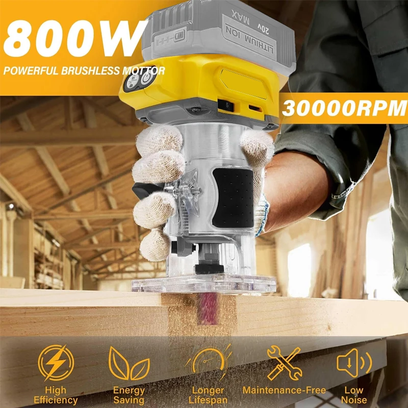 Cordless Wood Router 800W 30000RPMElectric Trimmer Woodworking Trimming Machine Wood Engraving slotting for Dewalt 20V Battery
Cordless Wood Router 800W 30000RPMElectric Trimmer Woodworking Trimming Machine Wood Engraving slotting for Dewalt 20V Battery