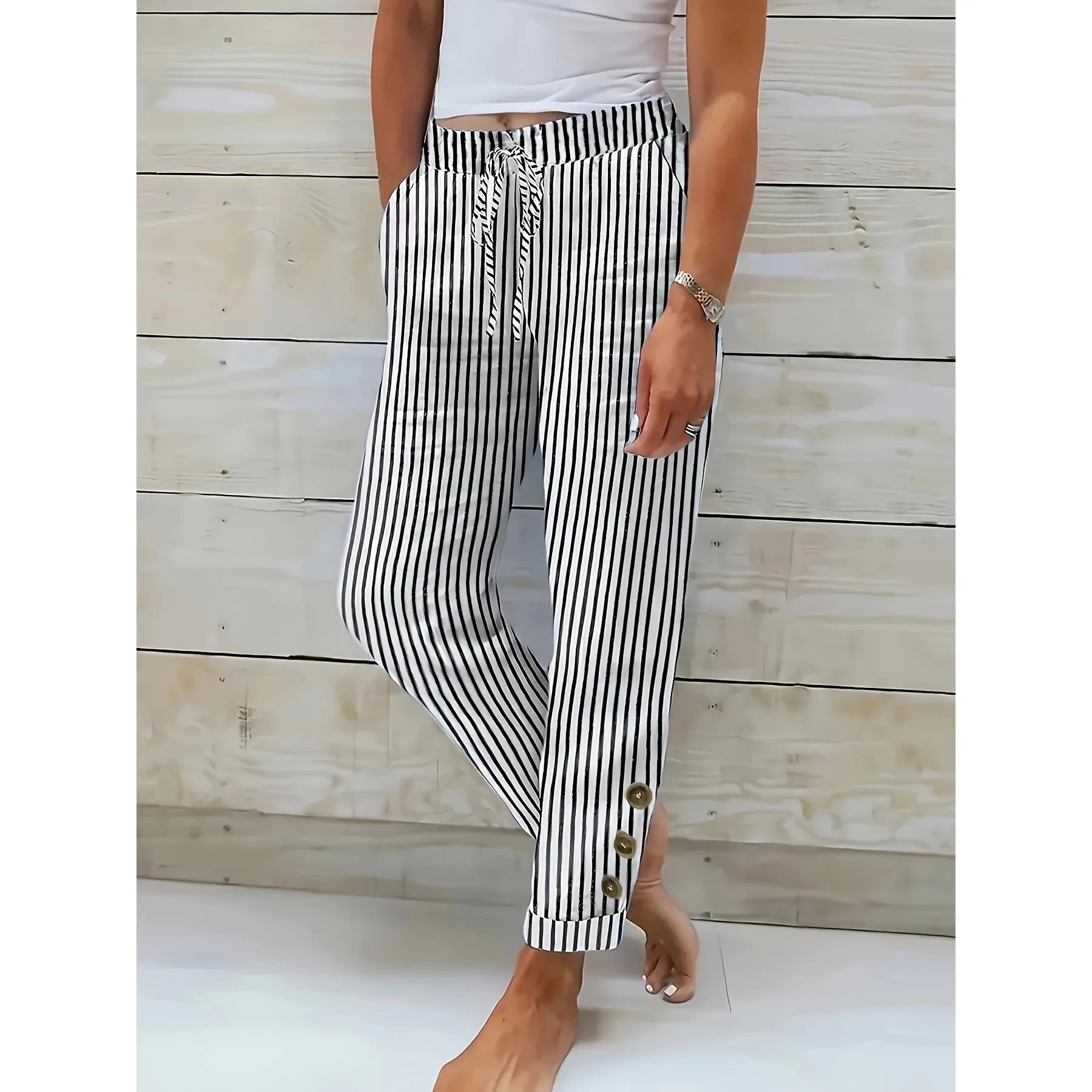 Neutral Striped Casual Pants Harlan Style Comfortable Loose Fit Long Trousers for Women Spring Season Other Material 100%
Neutral Striped Casual Pants Harlan Style Comfortable Loose Fit Long Trousers for Women Spring Season Other Material 100%