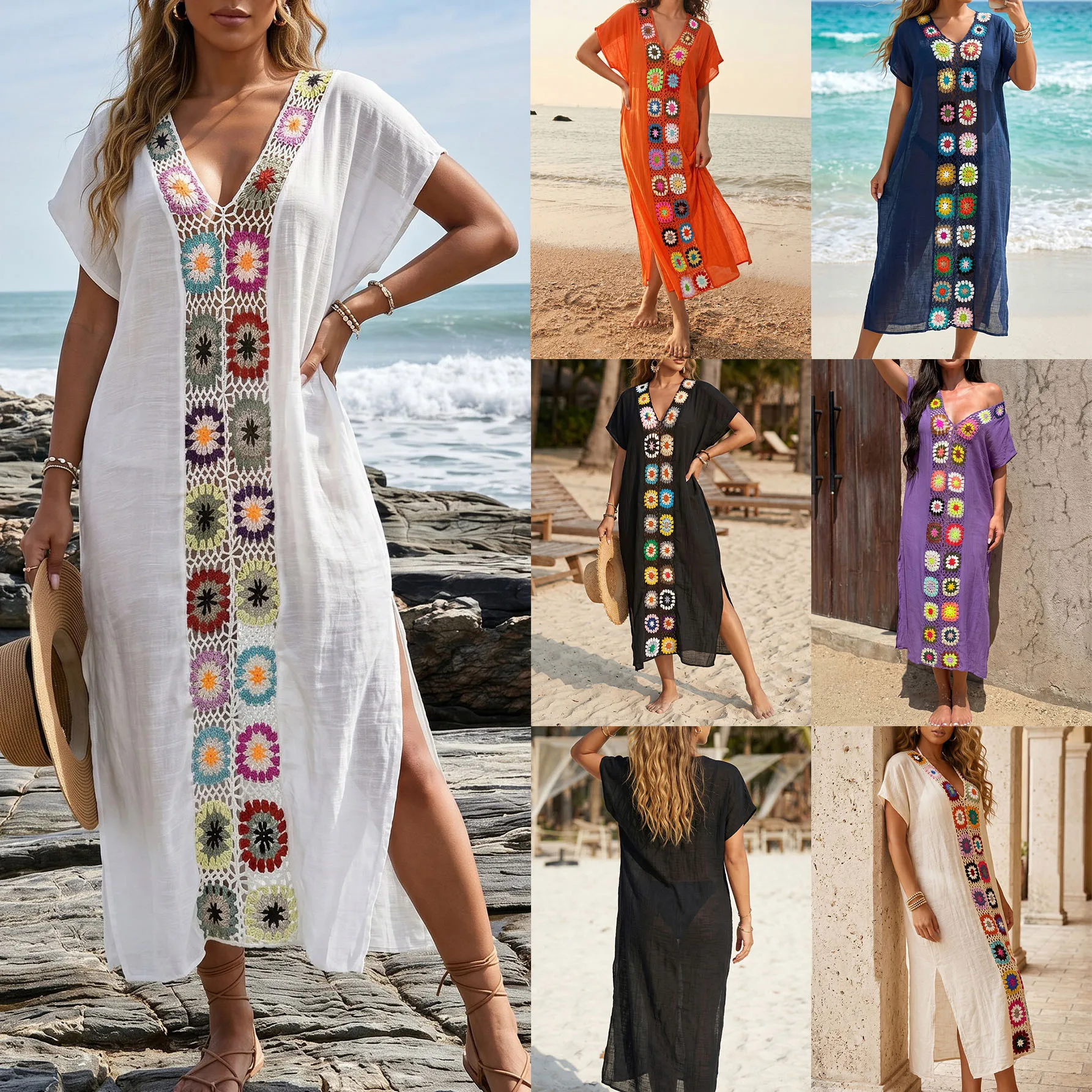 Bohemian Crochet Beach Cover Up Dress Women's Colorful Floral V Neck Maxi Tunic for Beach & Vacation Fashion Style Beachwear
Bohemian Crochet Beach Cover Up Dress Women's Colorful Floral V Neck Maxi Tunic for Beach & Vacation Fashion Style Beachwear