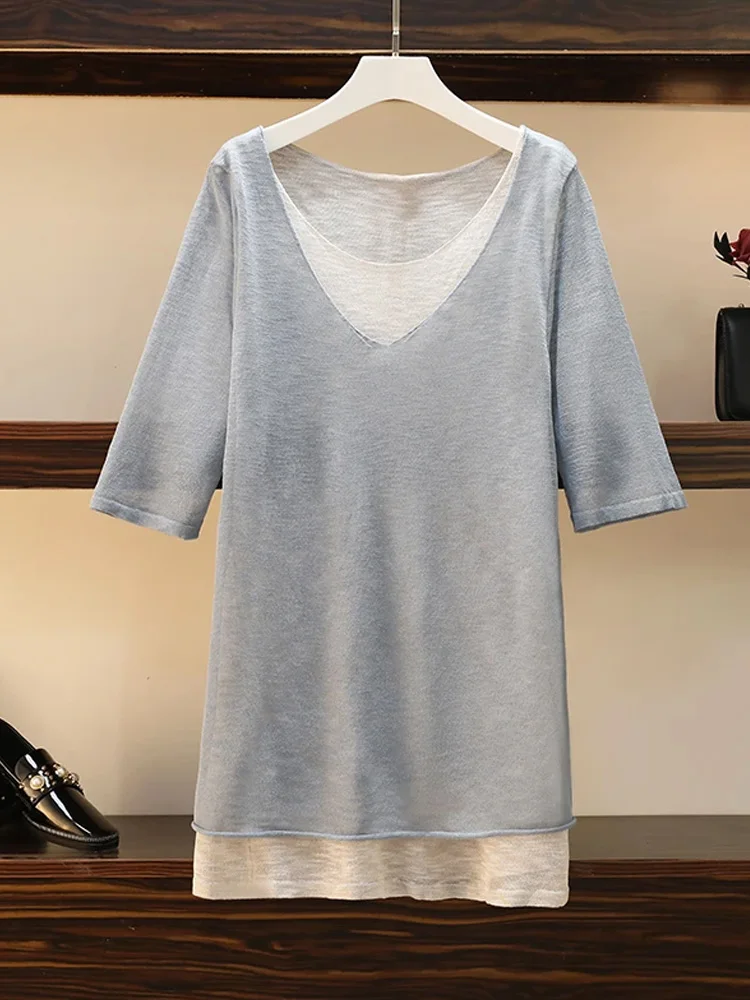 4XL Большие размеры, женская тонкая футболка, летняя футболка с короткими рукавами и v-образным вырезом, лоскутный свободный свитер большого размера, пуловер, джемпер, трикотаж
4XL Большие размеры, женская тонкая футболка, летняя футболка с короткими рукавами и v-образным вырезом, лоскутный свободный свитер большого размера, пуловер, джемпер, трикотаж