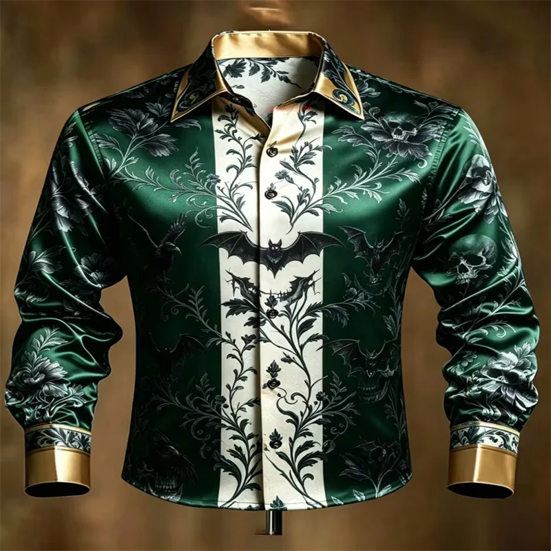 Men's glossy satin Gothic-style long-sleeve collared shirt featuring bat, skull, and floral prints—perfect for Halloween parties
Men's glossy satin Gothic-style long-sleeve collared shirt featuring bat, skull, and floral prints—perfect for Halloween parties