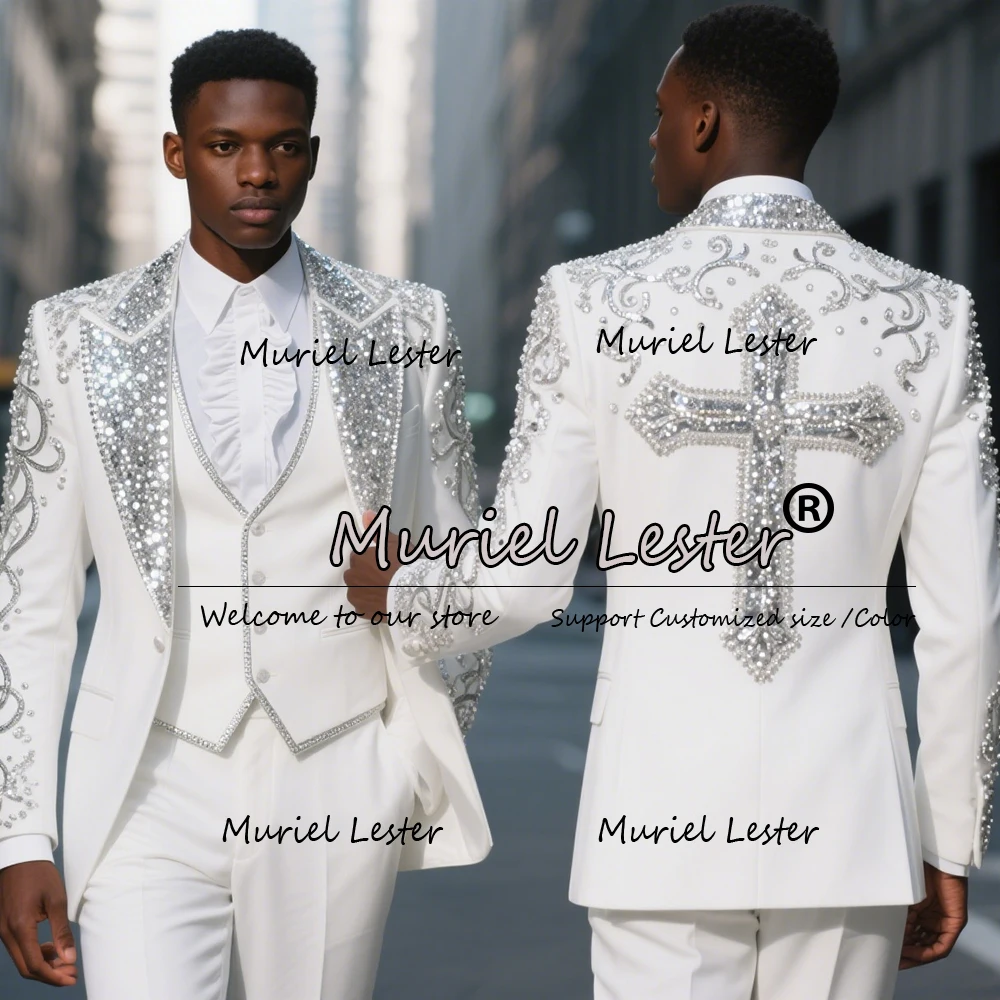 Sparkling Beaded Crystals Suits Men 3 Pieces Sets Sequins Label Blazer Outfits Groom costume homme Customized Wedding Tuxedos
Sparkling Beaded Crystals Suits Men 3 Pieces Sets Sequins Label Blazer Outfits Groom costume homme Customized Wedding Tuxedos