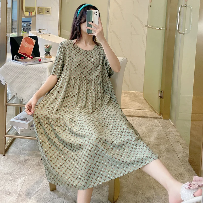 Summer Ladies Sleep Dress Cotton Silk Short Sleeve Home Skirt round Neck Flower Pattern Mid-Length plus Size Comfortable Nigh...
Summer Ladies Sleep Dress Cotton Silk Short Sleeve Home Skirt round Neck Flower Pattern Mid-Length plus Size Comfortable Nigh...
