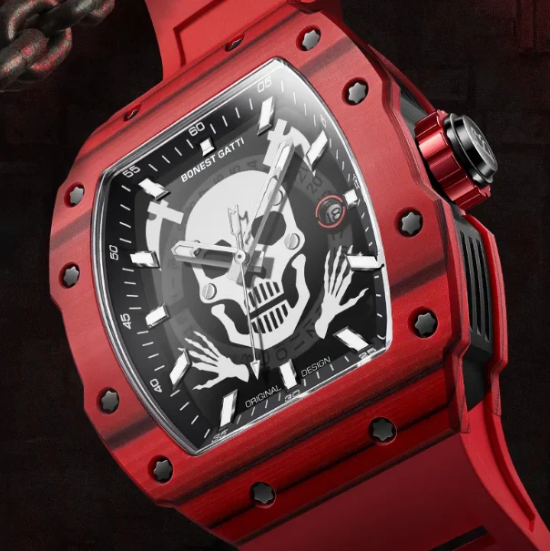 BONEST GATTI Men Automatic Watch Tonneau Mechanical Wristwatch Carbon Fiber Case Waterproof Luminous Skull Dial Sapphire Mirror
BONEST GATTI Men Automatic Watch Tonneau Mechanical Wristwatch Carbon Fiber Case Waterproof Luminous Skull Dial Sapphire Mirror