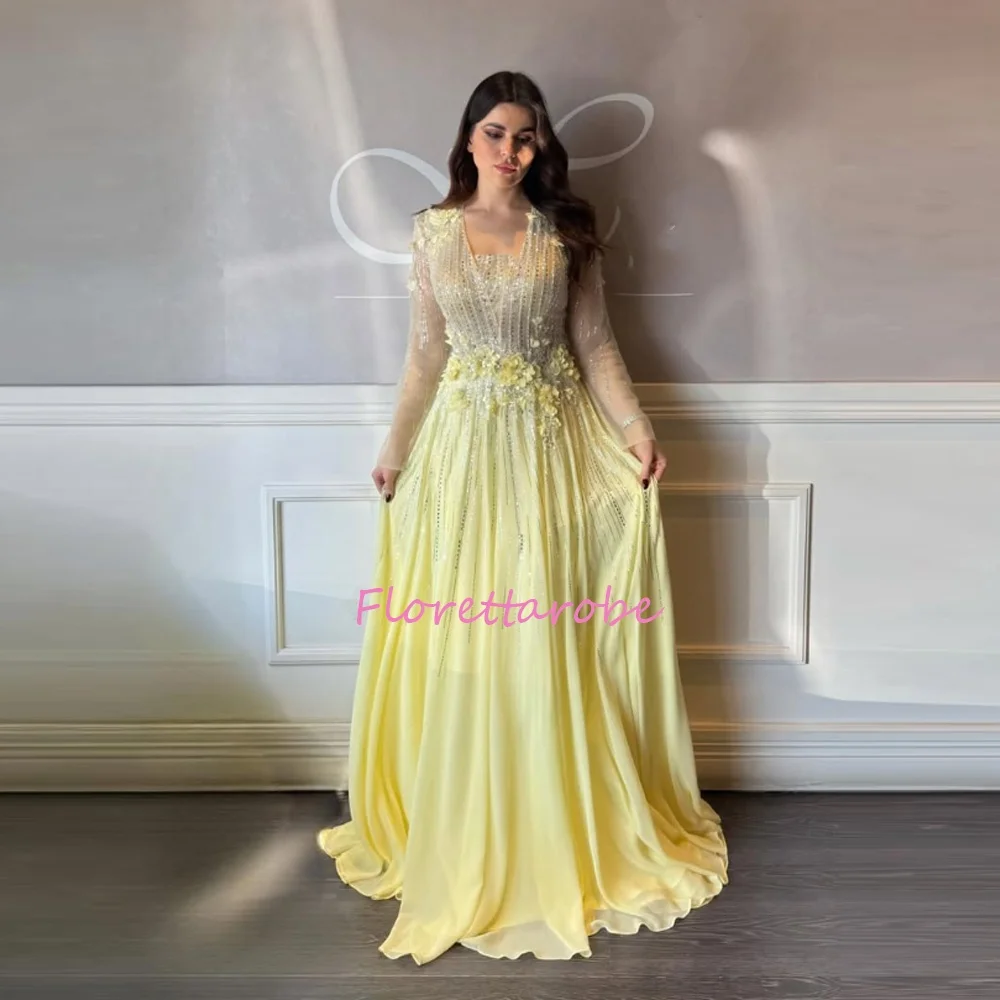 Customized Prom Dresses Yellow Long Sleeve Beads Flowers Saudi Women Luxury A-Line Evening Dress Floor Length Party Gowns
Customized Prom Dresses Yellow Long Sleeve Beads Flowers Saudi Women Luxury A-Line Evening Dress Floor Length Party Gowns