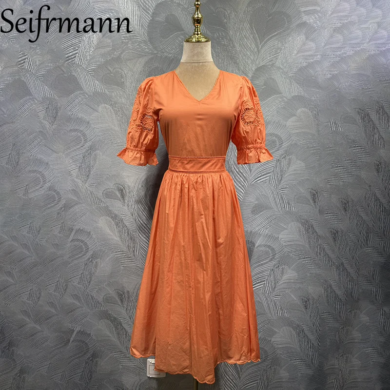 Seifrmann 2026 Summer Women's New Fashion V-neck Short sleeved Cotton Hollow Waist cinching Solid Color Dress
Seifrmann 2026 Summer Women's New Fashion V-neck Short sleeved Cotton Hollow Waist cinching Solid Color Dress