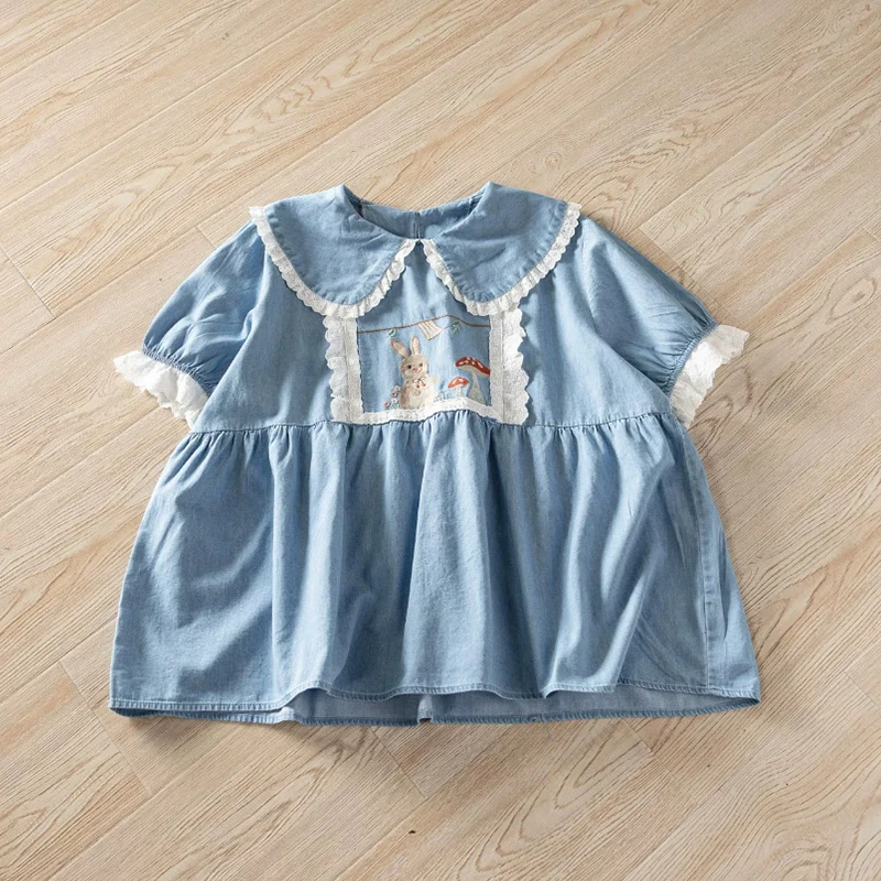 Mori Girl Rabbits Mushroom Embroidery Peter Pan Collar Tops Women Clothing Blue Color Short-sleeved Denim Shirts & Blouses U061
Mori Girl Rabbits Mushroom Embroidery Peter Pan Collar Tops Women Clothing Blue Color Short-sleeved Denim Shirts & Blouses U061