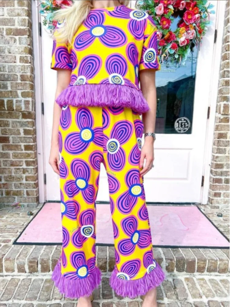 Fashion Tassels Patchwork Print Pants 2 Piece Sets Women Fashion Short Sleeves O-neck Tops Suits 2024 New Chic Street Partywear
Fashion Tassels Patchwork Print Pants 2 Piece Sets Women Fashion Short Sleeves O-neck Tops Suits 2024 New Chic Street Partywear