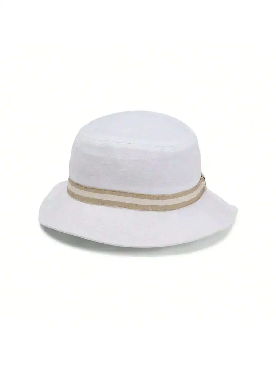 White Polyester Bucket Hat With Beige Stripe Band Casual Sun Protection
White Polyester Bucket Hat With Beige Stripe Band Casual Sun Protection