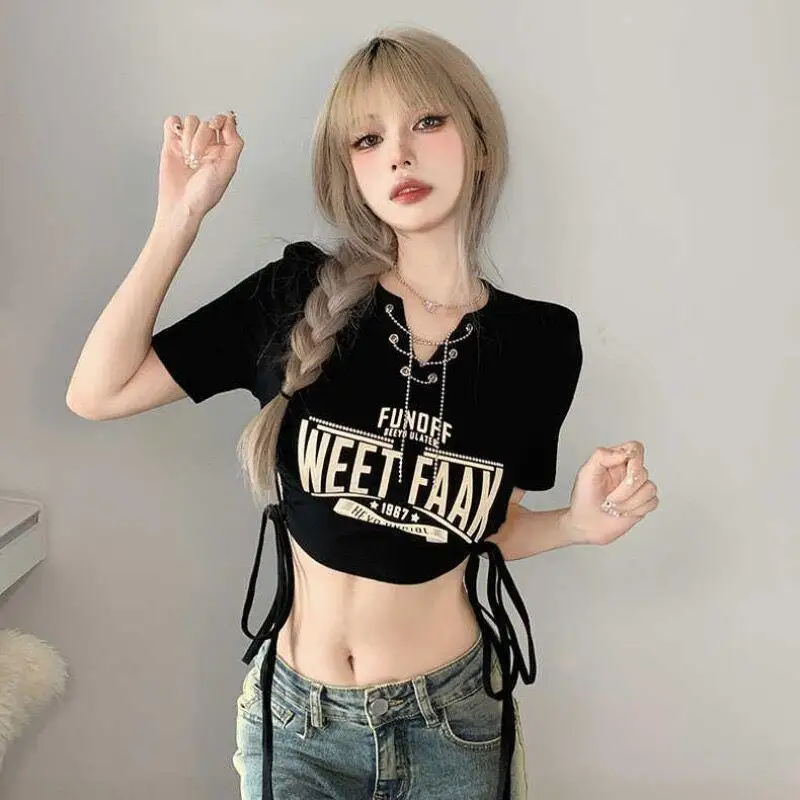 2026 New Summer Women's American Streetwear Slim Fit Lace Up Crop Top Letter Print Bust Enhancing T Shirt
2026 New Summer Women's American Streetwear Slim Fit Lace Up Crop Top Letter Print Bust Enhancing T Shirt