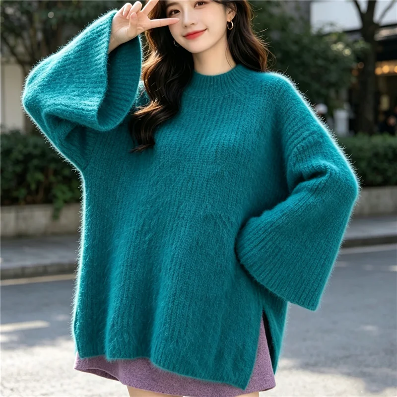 Ladies Women's Flare Sleeves Angora Rabbit Fur Sweater Loose Round Neck Knitted Top Casual Pullover Jumper Pull for Fall Winter
Ladies Women's Flare Sleeves Angora Rabbit Fur Sweater Loose Round Neck Knitted Top Casual Pullover Jumper Pull for Fall Winter