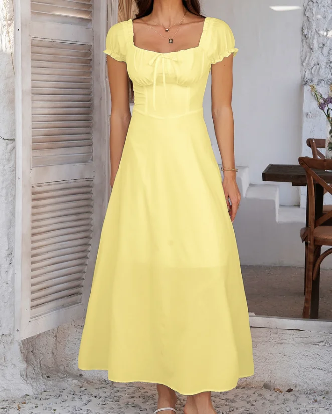 French Dress 2025 Woman Elegant Solid Color Lace Up Bubble Sleeve Dress for Women's Summer Elegant U-Neck Slim Fit A-Line Dress
French Dress 2025 Woman Elegant Solid Color Lace Up Bubble Sleeve Dress for Women's Summer Elegant U-Neck Slim Fit A-Line Dress