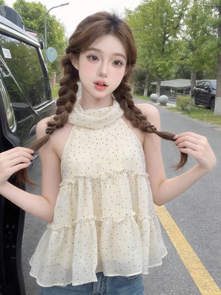 Korean Style Gentle Wind Shoulder Wrap Neck Hanging Sleeveless Vest Women's Summer New Polka Dot Mesh Gauze Skirt Hem Top
Korean Style Gentle Wind Shoulder Wrap Neck Hanging Sleeveless Vest Women's Summer New Polka Dot Mesh Gauze Skirt Hem Top