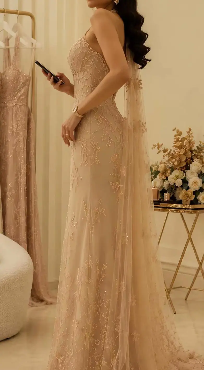 Customized Evening Dress Champagne Halter Neck Mermaid Evening Gown with All-Over Floral Beadwork and Sheer Capelet
Customized Evening Dress Champagne Halter Neck Mermaid Evening Gown with All-Over Floral Beadwork and Sheer Capelet
