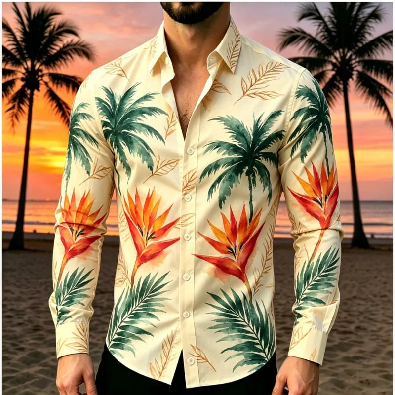 Men's watercolor palm print long sleeved shirt, suitable for summer parties and fresh coastal vacation styles.
Men's watercolor palm print long sleeved shirt, suitable for summer parties and fresh coastal vacation styles.