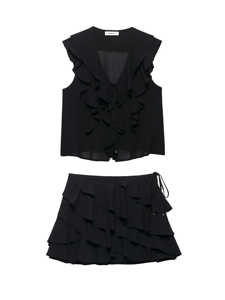 SIYANG Women Fashion 2 Piece Set Black Ruffled Lace Up V-Neck Vest & Vintage Side Zipper Skirts Shorts Female Chic Shorts Set
SIYANG Women Fashion 2 Piece Set Black Ruffled Lace Up V-Neck Vest & Vintage Side Zipper Skirts Shorts Female Chic Shorts Set