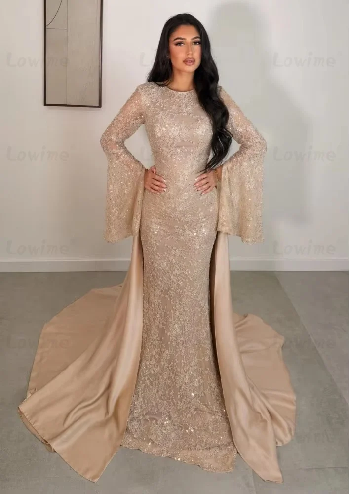 Champagne Long Sleeves Evening Dresses Lace Mermaid Prom Dress With Detachable Train Formal Party Gown Gala Vestidos Customized
Champagne Long Sleeves Evening Dresses Lace Mermaid Prom Dress With Detachable Train Formal Party Gown Gala Vestidos Customized