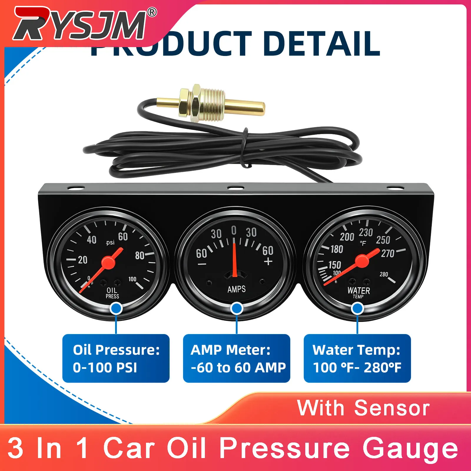  12V Car 3 in 1 0~100PSI Car Oil Pressure Gauge 100℉-280℉ Water Temp Meter -60-60 AMP Gauge Meter With Sensor
12V Car 3 in 1 0~100PSI Car Oil Pressure Gauge 100℉-280℉ Water Temp Meter -60-60 AMP Gauge Meter With Sensor