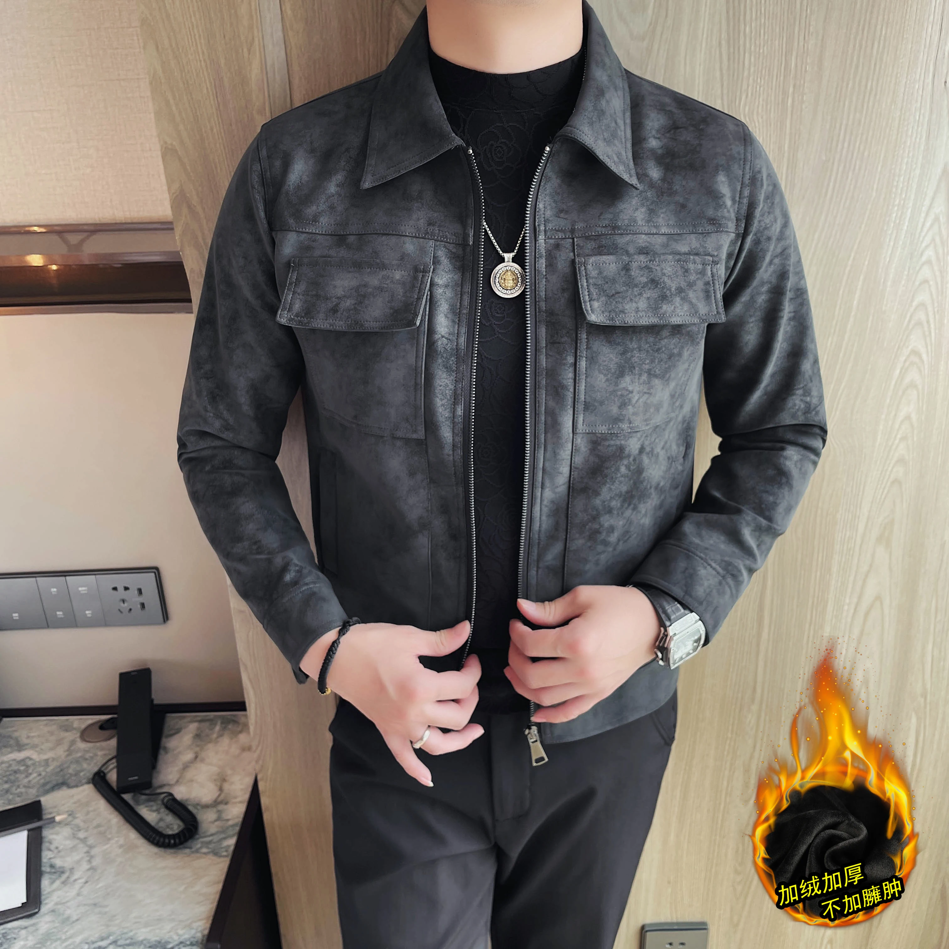 Frosted PU Leather Jacket For Men Fashion Front Pockets Decor Turn Down Collar Men's Casual Jackets and Coats Slim Fit All Match
Frosted PU Leather Jacket For Men Fashion Front Pockets Decor Turn Down Collar Men's Casual Jackets and Coats Slim Fit All Match