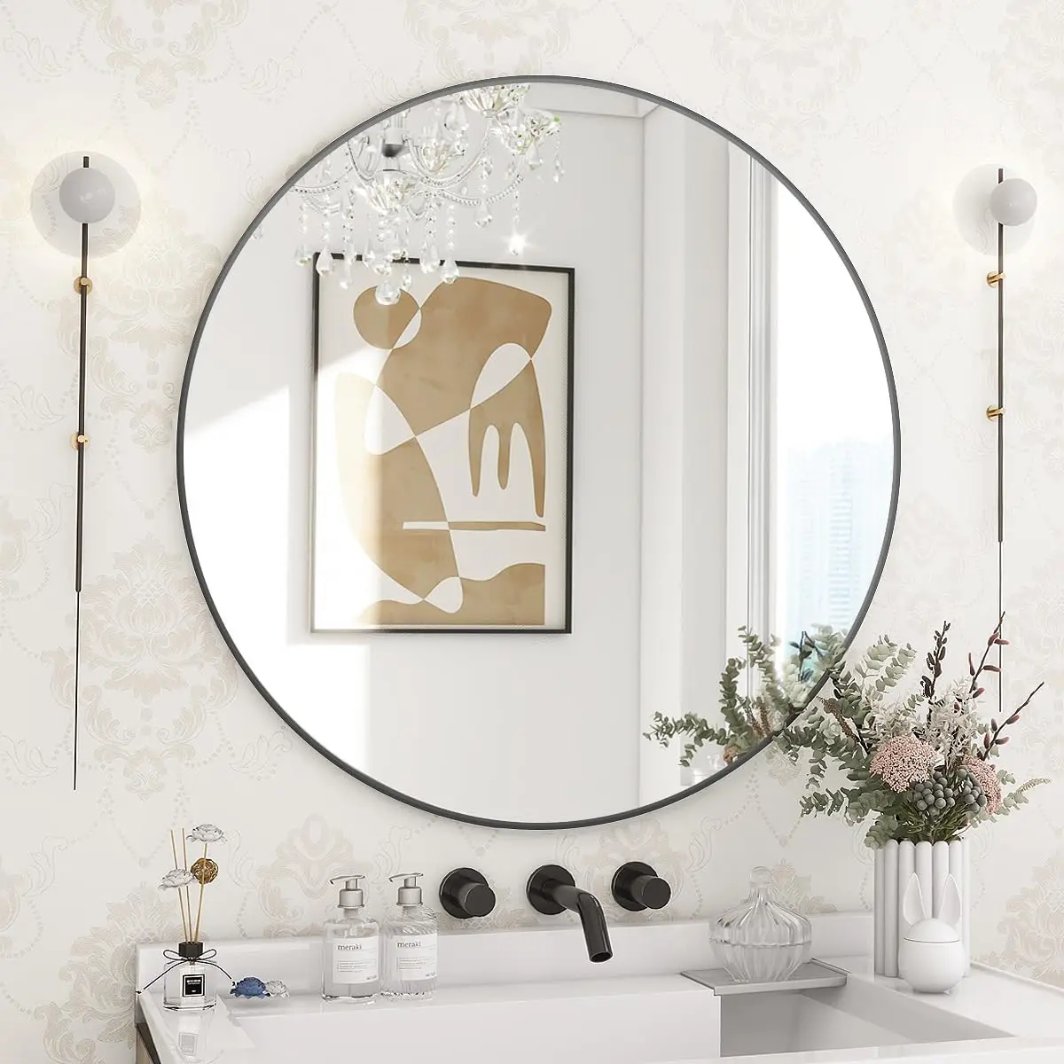 24 Inch Round Mirror, Metal Frame Circle Mirror, Wall Mounted for Entryway, Bathroom, Vanity, Living Room, Black
24 Inch Round Mirror, Metal Frame Circle Mirror, Wall Mounted for Entryway, Bathroom, Vanity, Living Room, Black