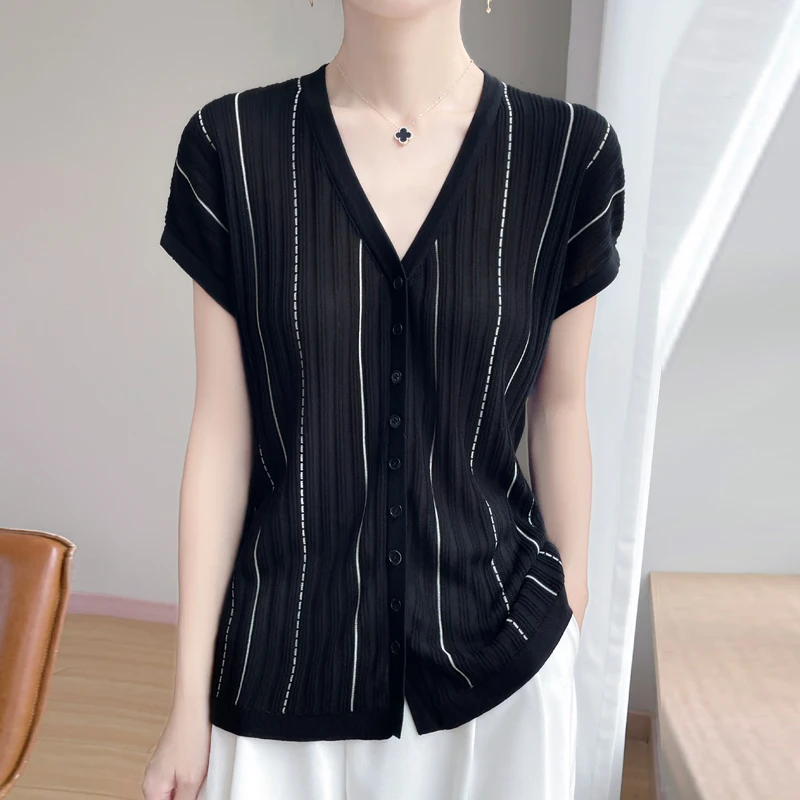 Summer Lyocell Vertical Knit Short Sleeved Cardigan Women's Thin Short Sleeved V-Neck T-Shirt Small Shirt Temperament Versatiles
Summer Lyocell Vertical Knit Short Sleeved Cardigan Women's Thin Short Sleeved V-Neck T-Shirt Small Shirt Temperament Versatiles