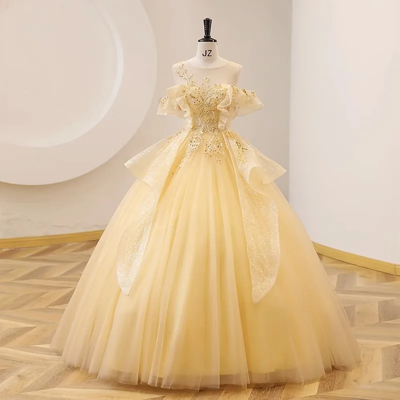 The new colored yarn yellow evening dress sweet gorgeous costume elegant pompous skirt
The new colored yarn yellow evening dress sweet gorgeous costume elegant pompous skirt