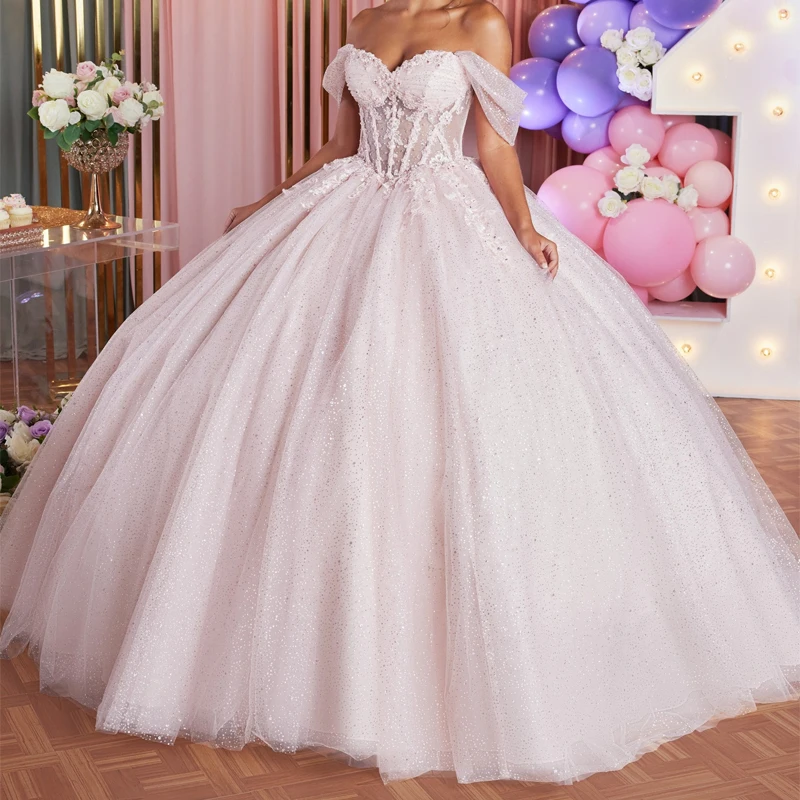 Light Pink Shiny Princess Sweet 16 Quinceanera Dresses Off The Shoulder Applique Lace Beads Tull Party Birthday Vestides De 15
Light Pink Shiny Princess Sweet 16 Quinceanera Dresses Off The Shoulder Applique Lace Beads Tull Party Birthday Vestides De 15