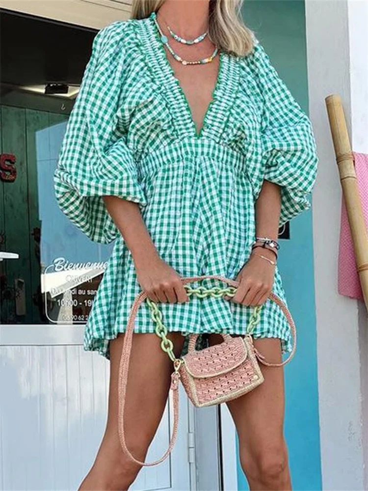 Women Deep V-Neck Rompers Solid Color/Plaid Bubble Sleeve Summer Short Jumpsuits Playsuits Overalls Streetwear
Women Deep V-Neck Rompers Solid Color/Plaid Bubble Sleeve Summer Short Jumpsuits Playsuits Overalls Streetwear