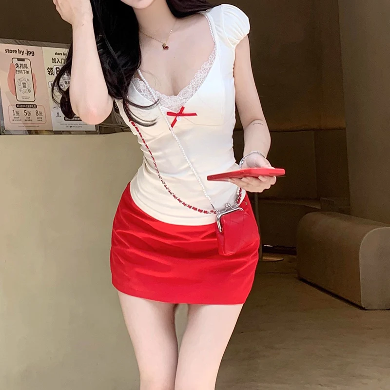 Summer New Lady T-shirts Patchwork T-shirts Female Sweet Bowknots Short Tops Girls Designer V-neck Slim Fit Clothes
Summer New Lady T-shirts Patchwork T-shirts Female Sweet Bowknots Short Tops Girls Designer V-neck Slim Fit Clothes