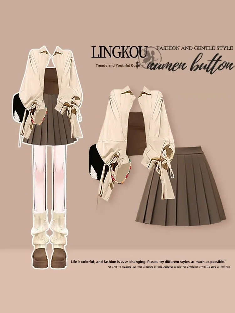 Korean Style plus Size Autumn Set Women's Slimming Shirt Camisole Inner Wear with Elegant Pleated Short Skirt Three Piece Set
Korean Style plus Size Autumn Set Women's Slimming Shirt Camisole Inner Wear with Elegant Pleated Short Skirt Three Piece Set