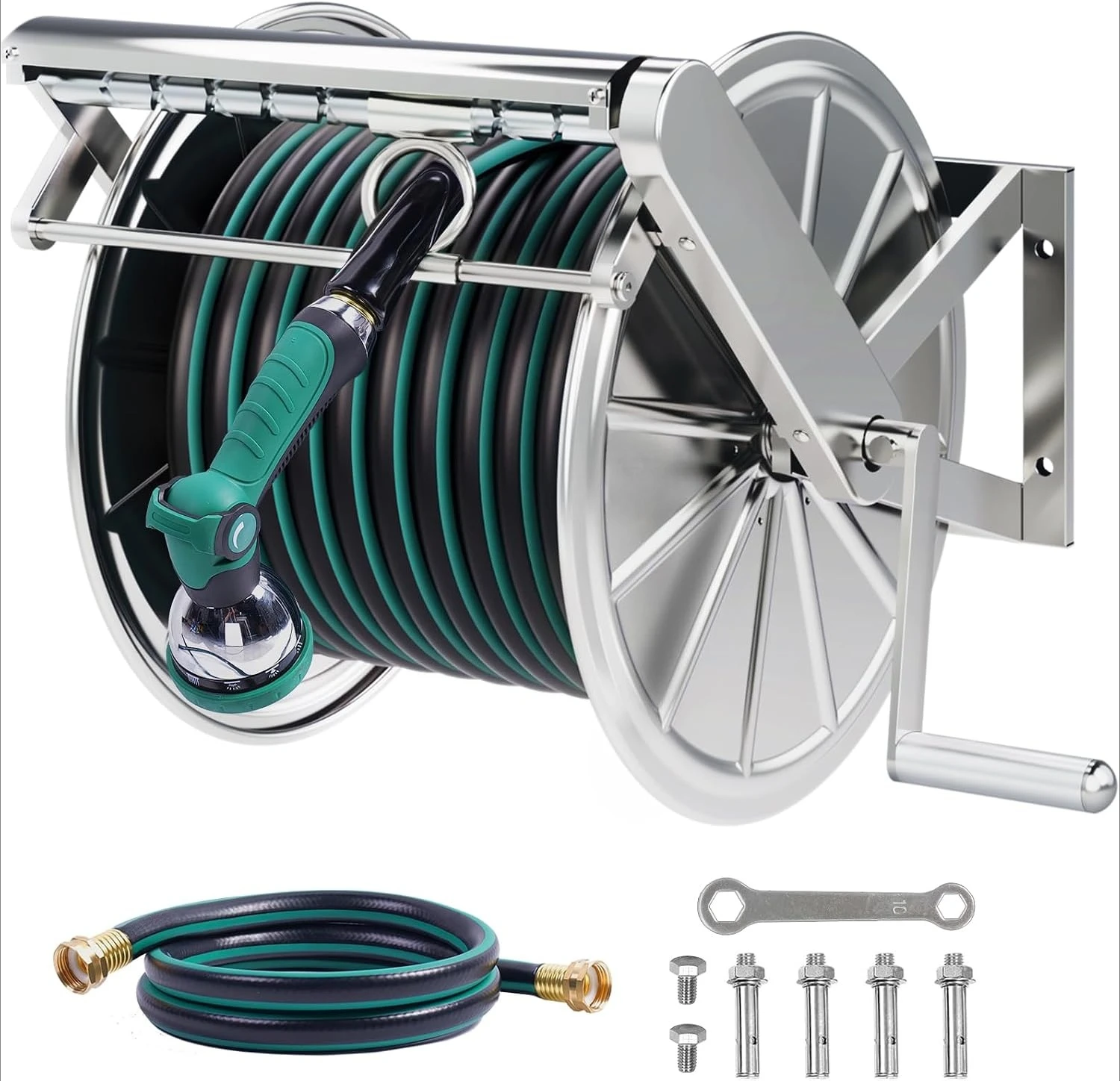 304 Stainless Steel Garden Hose Reel with 100 Ft Heavy Duty 5/8 Hose Wall Mount Water Pipe Holder Auto Guide Winder Crank Handle Garage Outside Stand
304 Stainless Steel Garden Hose Reel with 100 Ft Heavy Duty 5/8 Hose Wall Mount Water Pipe Holder Auto Guide Winder Crank Handle Garage Outside Stand