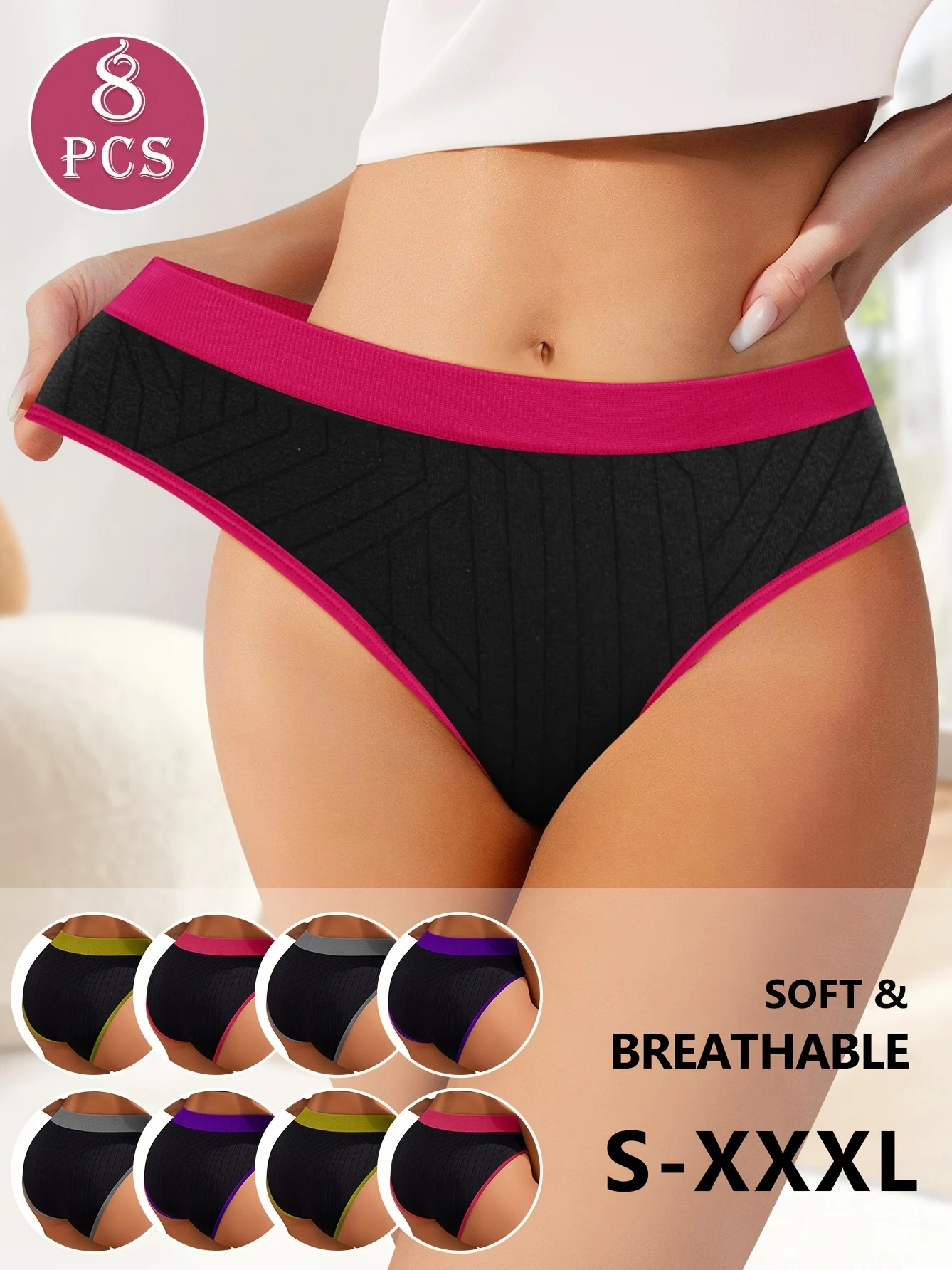 8 шт. женские бесшовные трусы с низкой посадкой — дышащая и мягкая смесь нейлона, эластичное нижнее белье контрастного цвета (черный, розовый, фиолетовый) —
8 шт. женские бесшовные трусы с низкой посадкой — дышащая и мягкая смесь нейлона, эластичное нижнее белье контрастного цвета (черный, розовый, фиолетовый) —