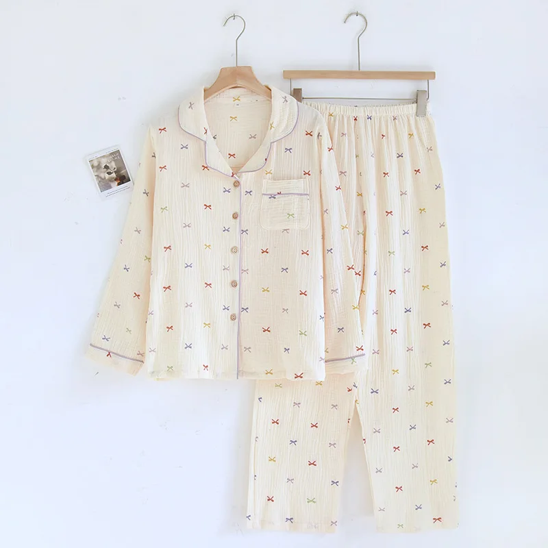 Spring Pure Cotton Soft Comfortable Pajamas Sets Autumn Crepe Cotton Yarn Loose Home Clohtes Cardigan Top and Pants Suit
Spring Pure Cotton Soft Comfortable Pajamas Sets Autumn Crepe Cotton Yarn Loose Home Clohtes Cardigan Top and Pants Suit
