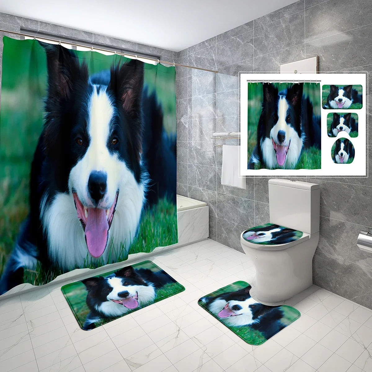 4 Pcs Cute Animal Pet Dog Shower Curtain Set Portrait of Border Collie Shower Curtain Bathroom Non-Slip Bath Mat Toilet Cover
4 Pcs Cute Animal Pet Dog Shower Curtain Set Portrait of Border Collie Shower Curtain Bathroom Non-Slip Bath Mat Toilet Cover