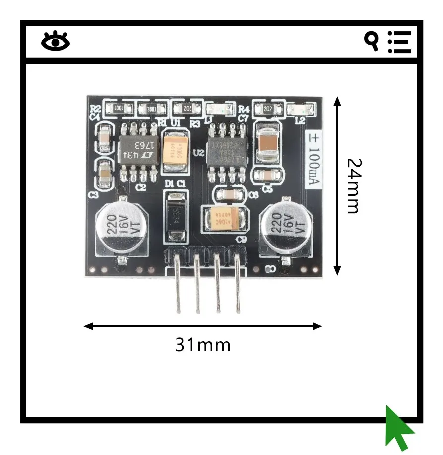 Operational amplifier dedicated power module, single power to dual power, low ripple ± 100mA current output capability
Operational amplifier dedicated power module, single power to dual power, low ripple ± 100mA current output capability