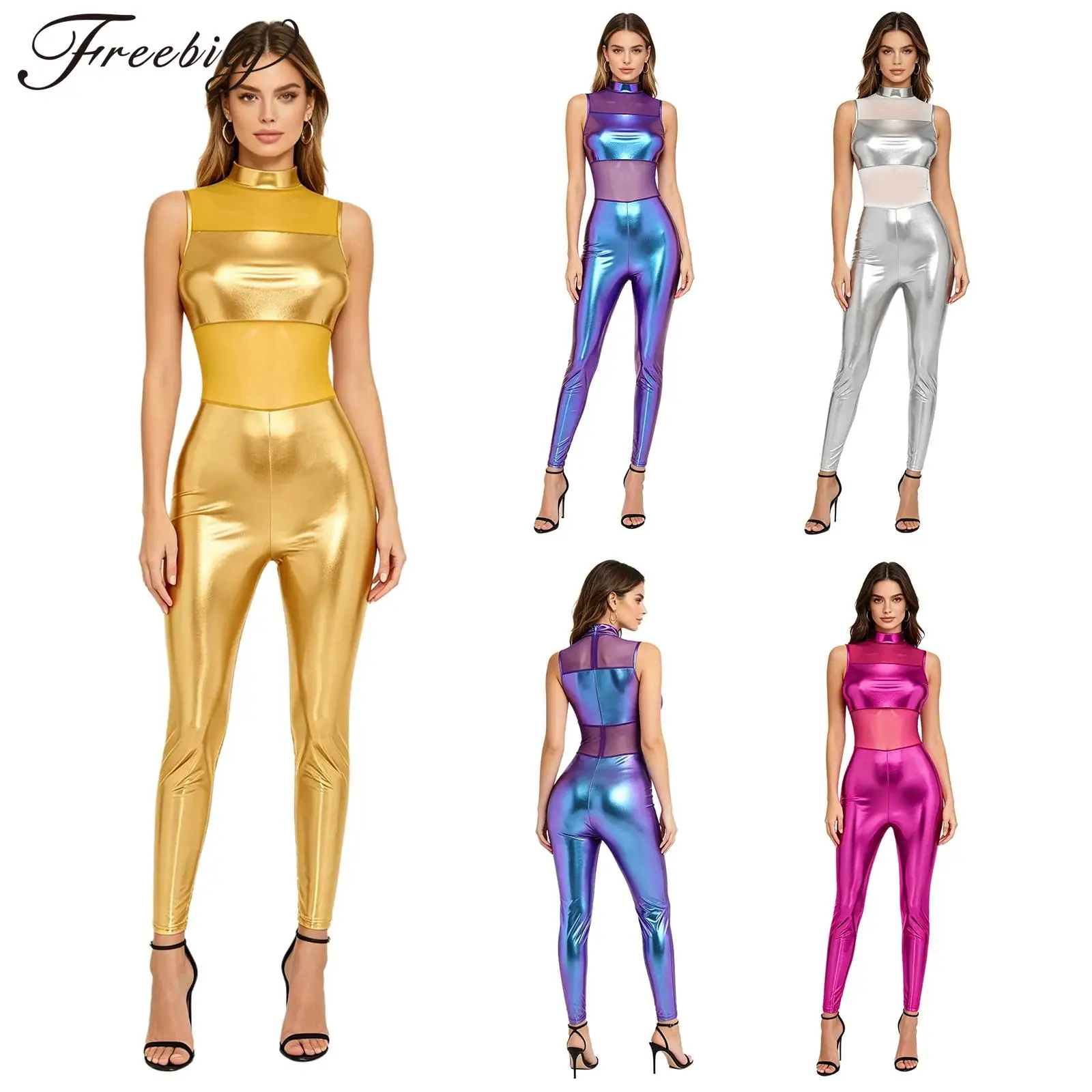 Women Sleeveless Shiny Metallic Jumpsuit One Piece Sheer Mesh Patchwork Clubwear Mock Neck Skinny Leggings Bodysuit Catsuit
Women Sleeveless Shiny Metallic Jumpsuit One Piece Sheer Mesh Patchwork Clubwear Mock Neck Skinny Leggings Bodysuit Catsuit