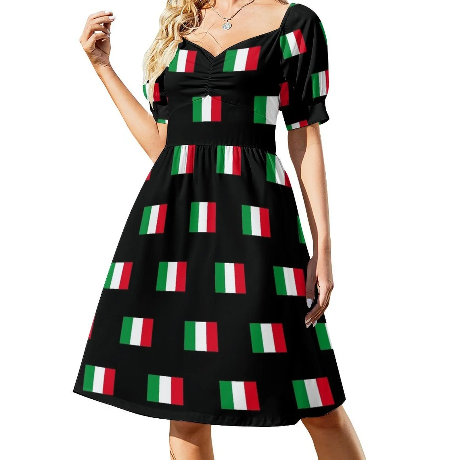 Flag of Italy pattern, Bandiera di Italia, black bg Short Sleeved Dress loose summer dress prom dress
Flag of Italy pattern, Bandiera di Italia, black bg Short Sleeved Dress loose summer dress prom dress