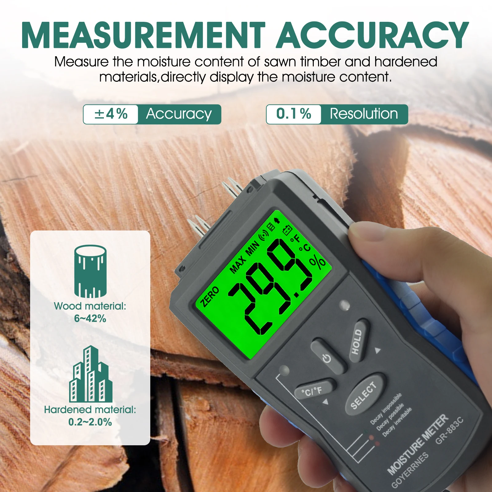 Precision Wood & Hardened Material Moisture Meter, 6%~42%/0.2%~2% Range, with Temp Sensor, LCD Backlight, Portable
Precision Wood & Hardened Material Moisture Meter, 6%~42%/0.2%~2% Range, with Temp Sensor, LCD Backlight, Portable