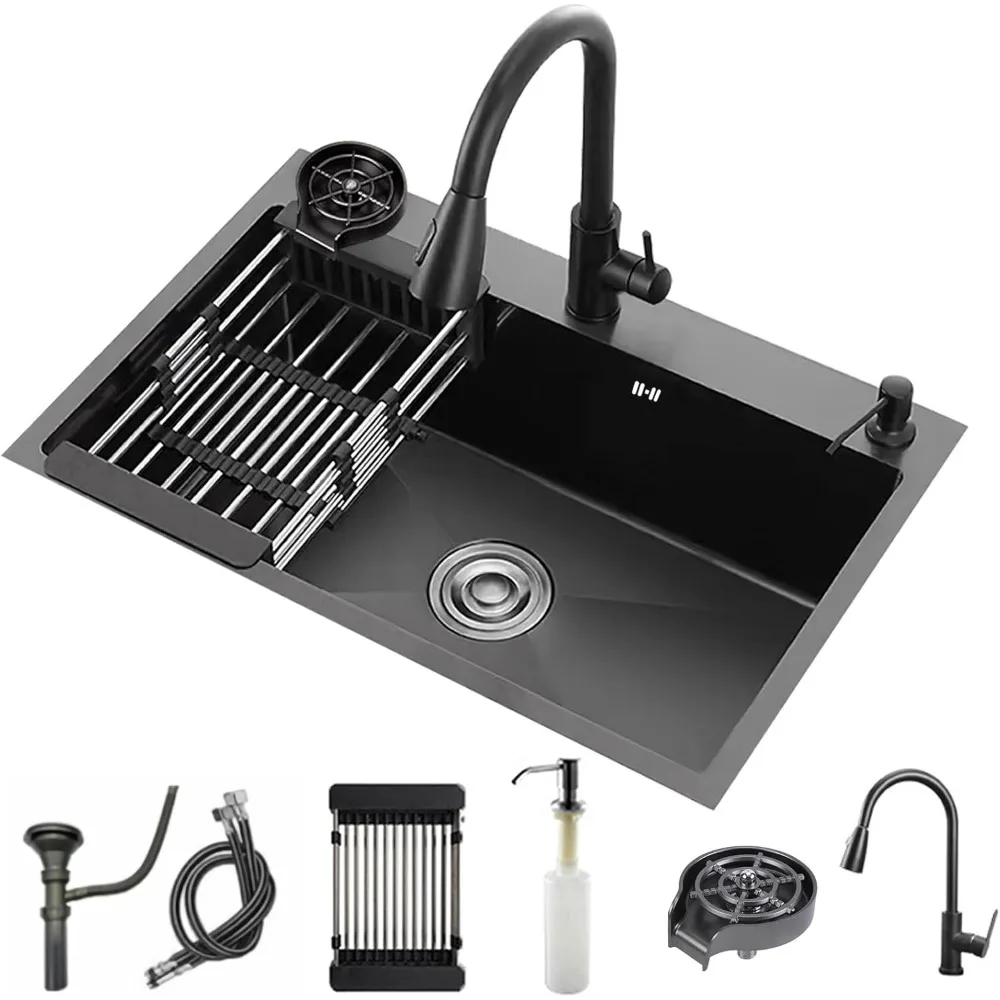 Black Drop In Single Bowl Kitchen Sink with Faucet Cup Washer Soap Dispenser Drain Kit 19x17 Inch
Black Drop In Single Bowl Kitchen Sink with Faucet Cup Washer Soap Dispenser Drain Kit 19x17 Inch